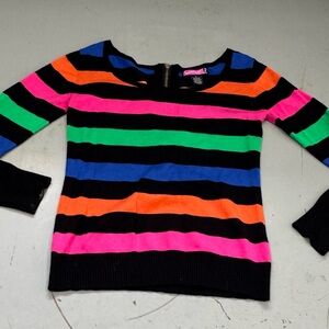 Say What? Black Sweater with Neon Pink, Orange, Blue & Green Stripes size  Small